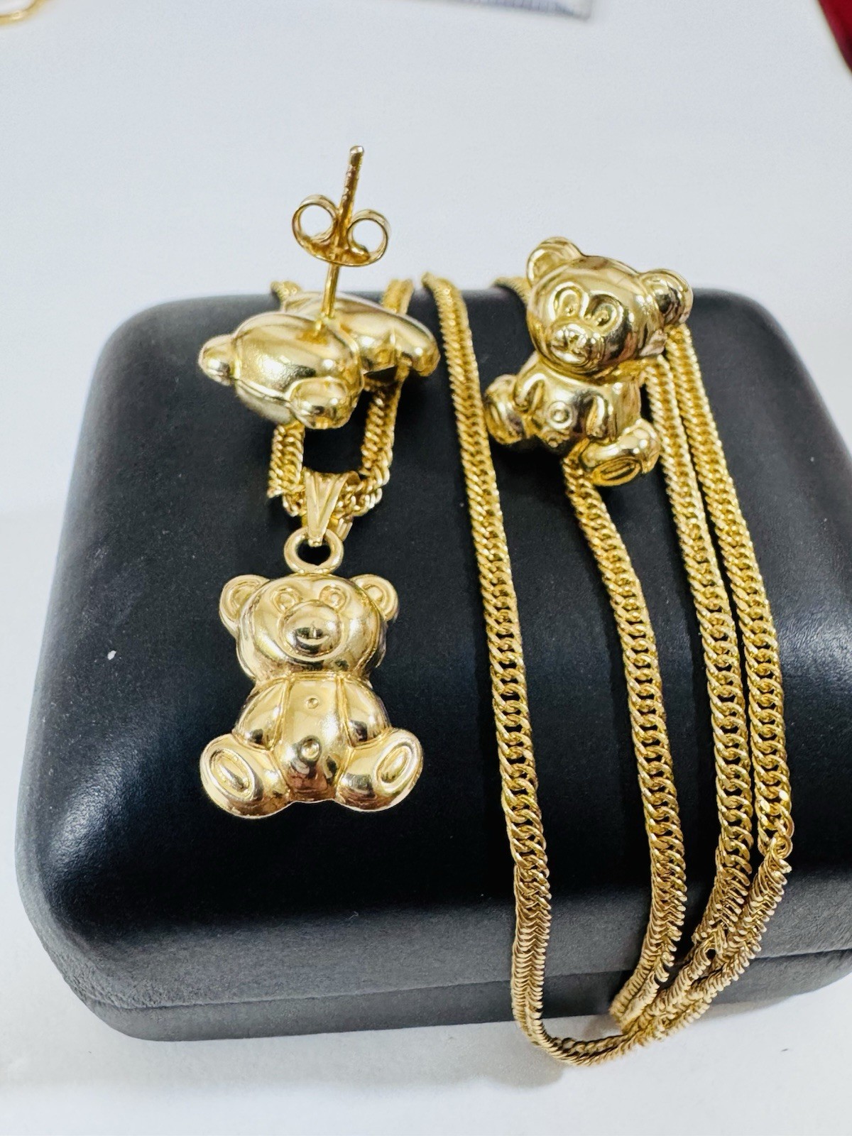 18K 750 Gold Bear Set Earring & Necklace 15.6”/16” Long 6.5g 2.2g
