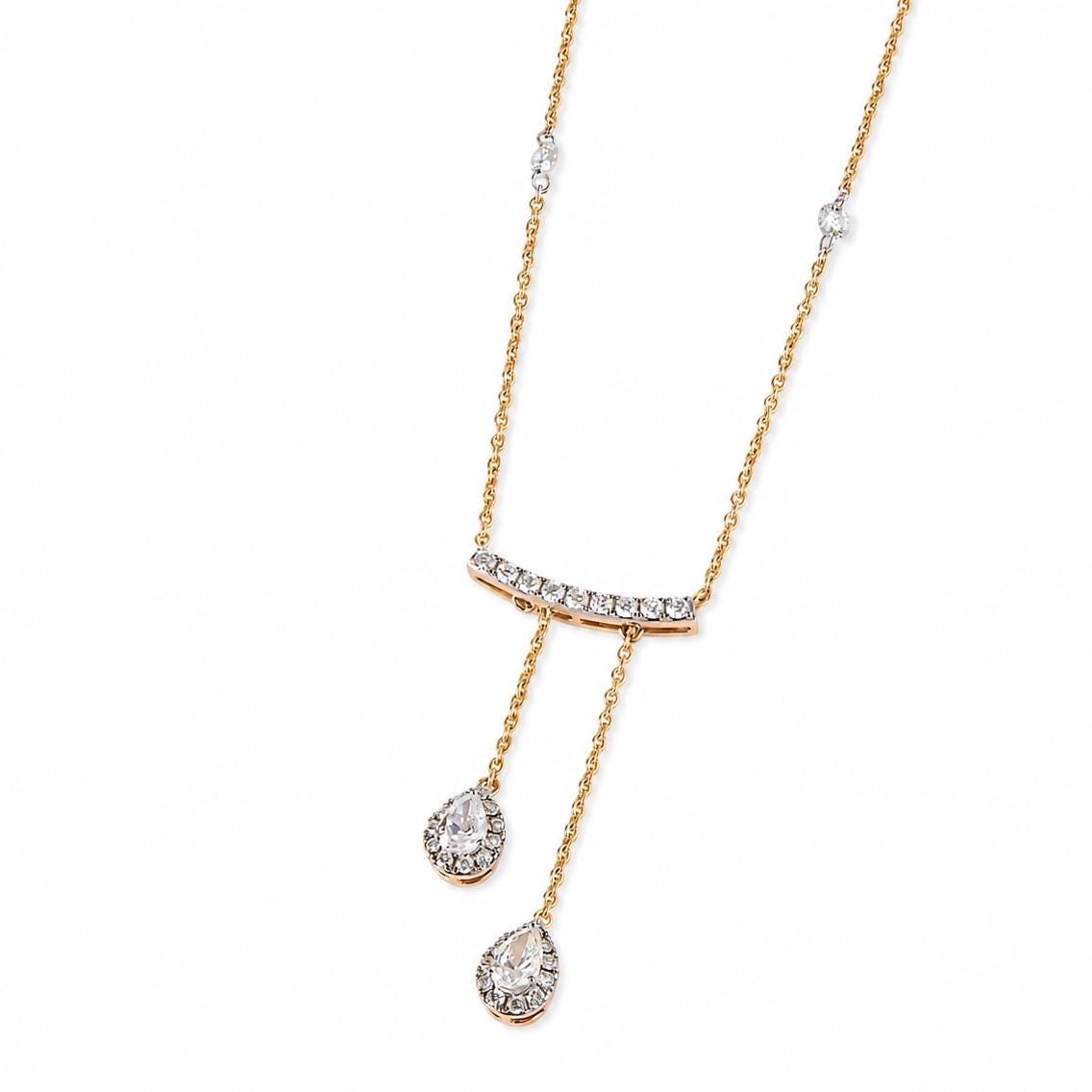 0.91 Natural Diamonds Teardrop Necklace 14k Solid Gold Curved Bar Pave