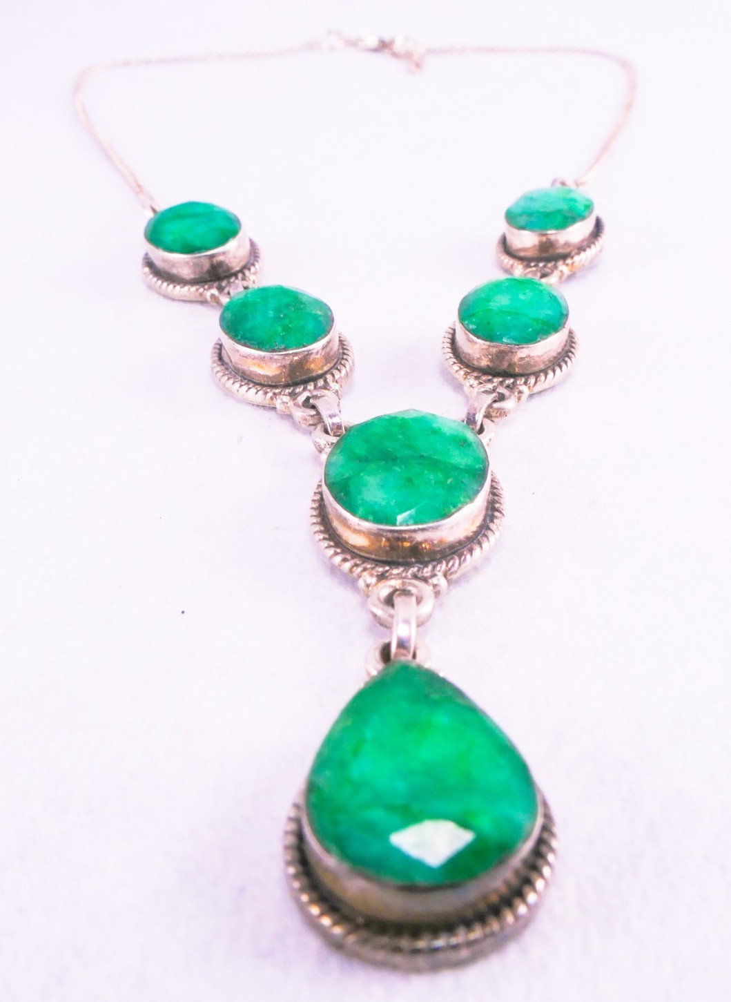 925 Sterling Silver Faceted Raw Emerald Y Drop Necklace 16-17″ 26.94 Grams