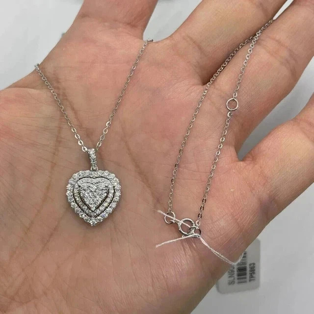 2Ct Round Cut Real Moissanite Women’s Halo Heart Pendant 14K White Gold Plated