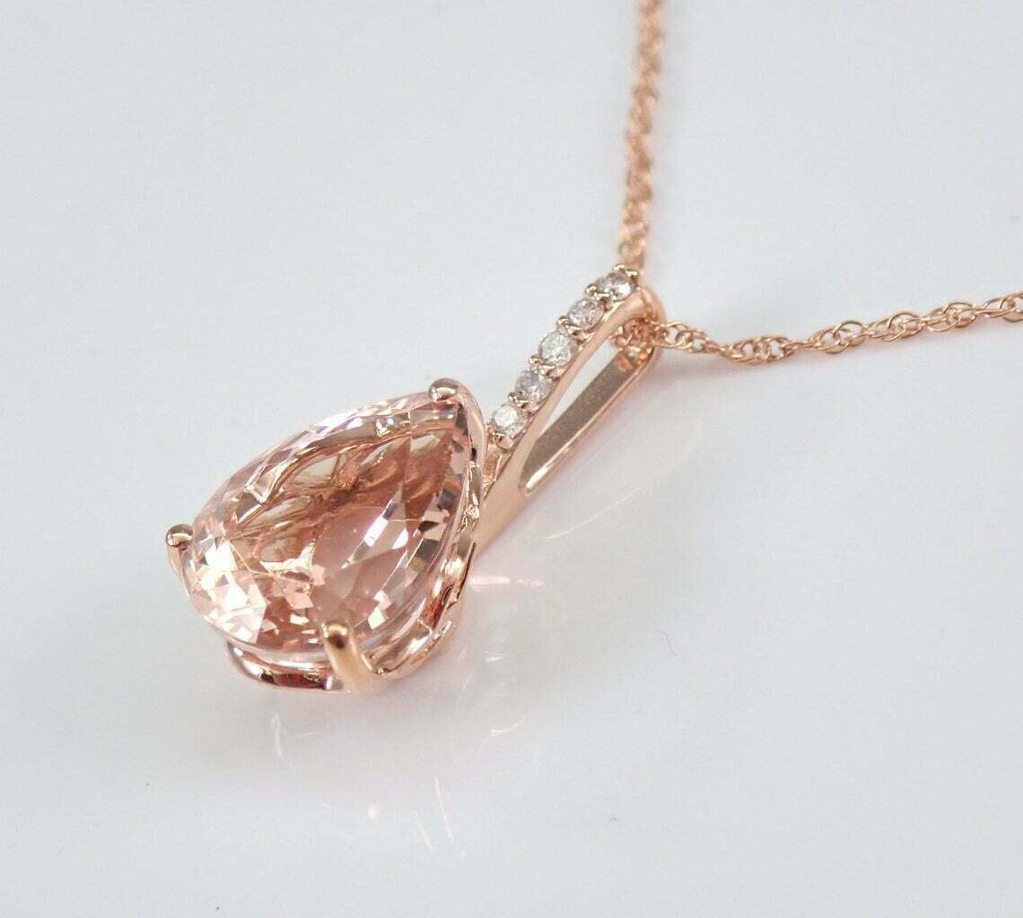 2Ct Pear Cut Morganite Diamond Solitaire Pendant 14K Rose Gold Finish Free Chain