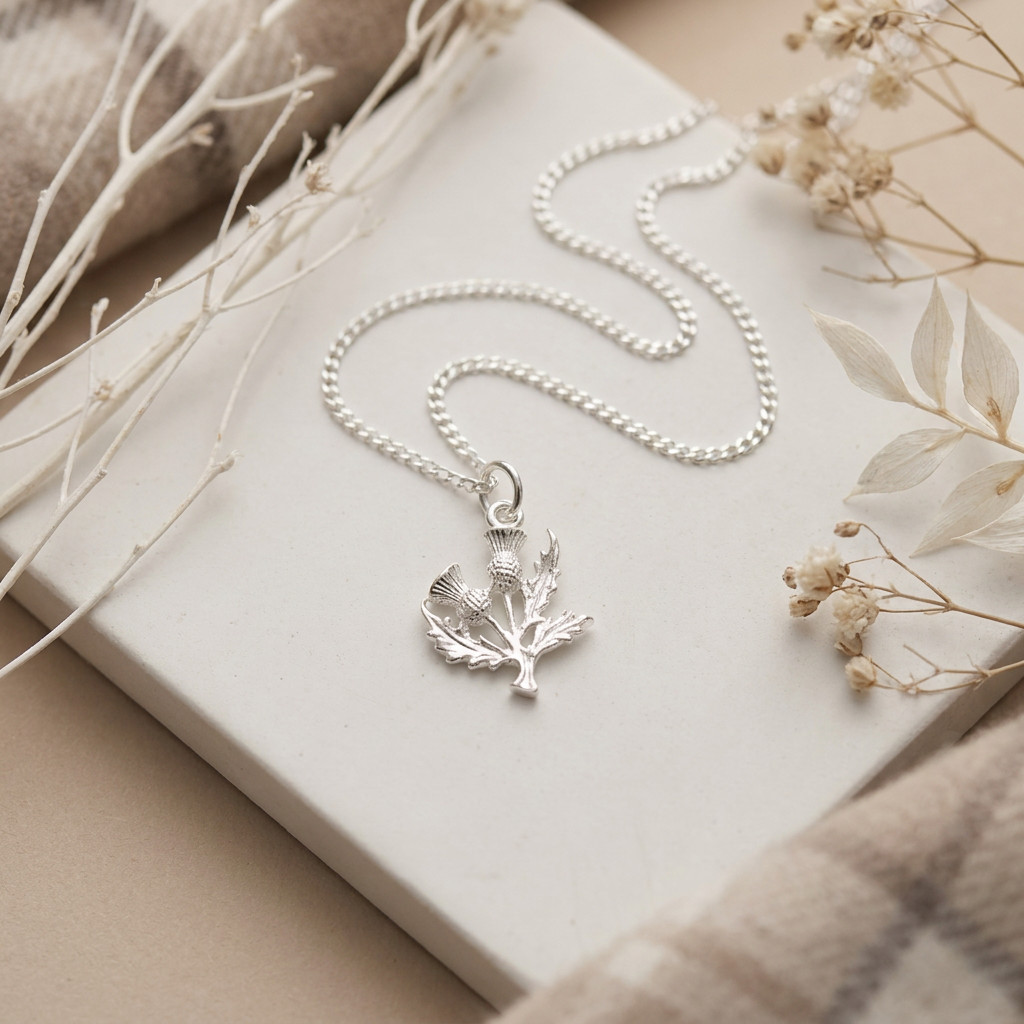 Sterling silver Scottish thistle pendant necklace with 18″ silver chain and box