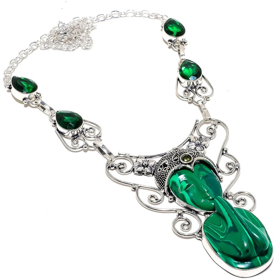 Praying Lady Malachite,Diopside Gemstone 925 Sterling Silver Necklace 18″ P436