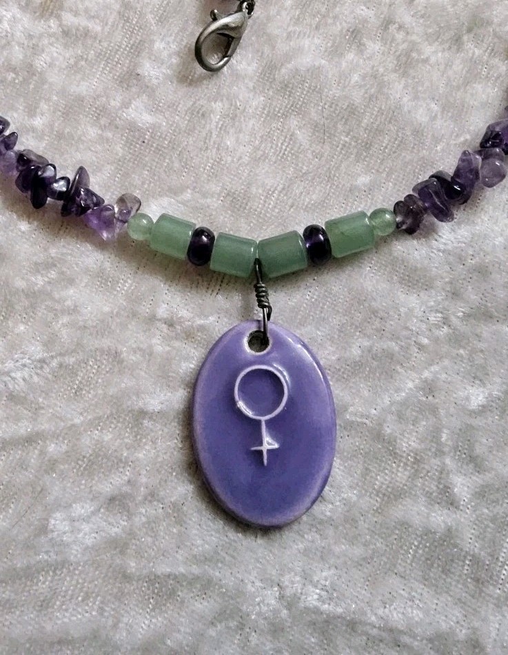 Amethyst Adventurine Beaded Porcelain Female Symbol Pendant Necklace 18in