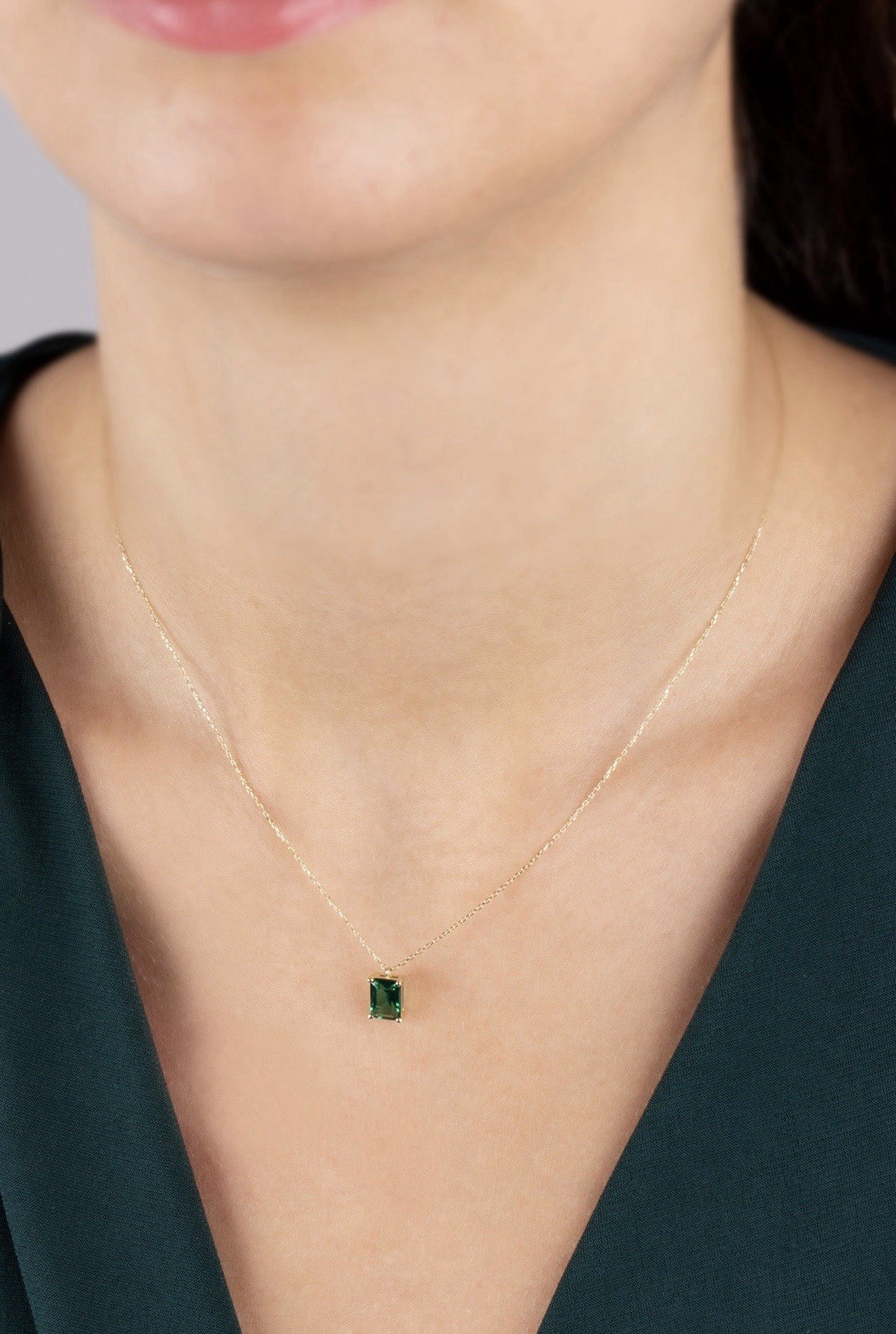 Emerald Rectangle Necklace 14K Solid White Gold, 16in (40cm) Chain Length