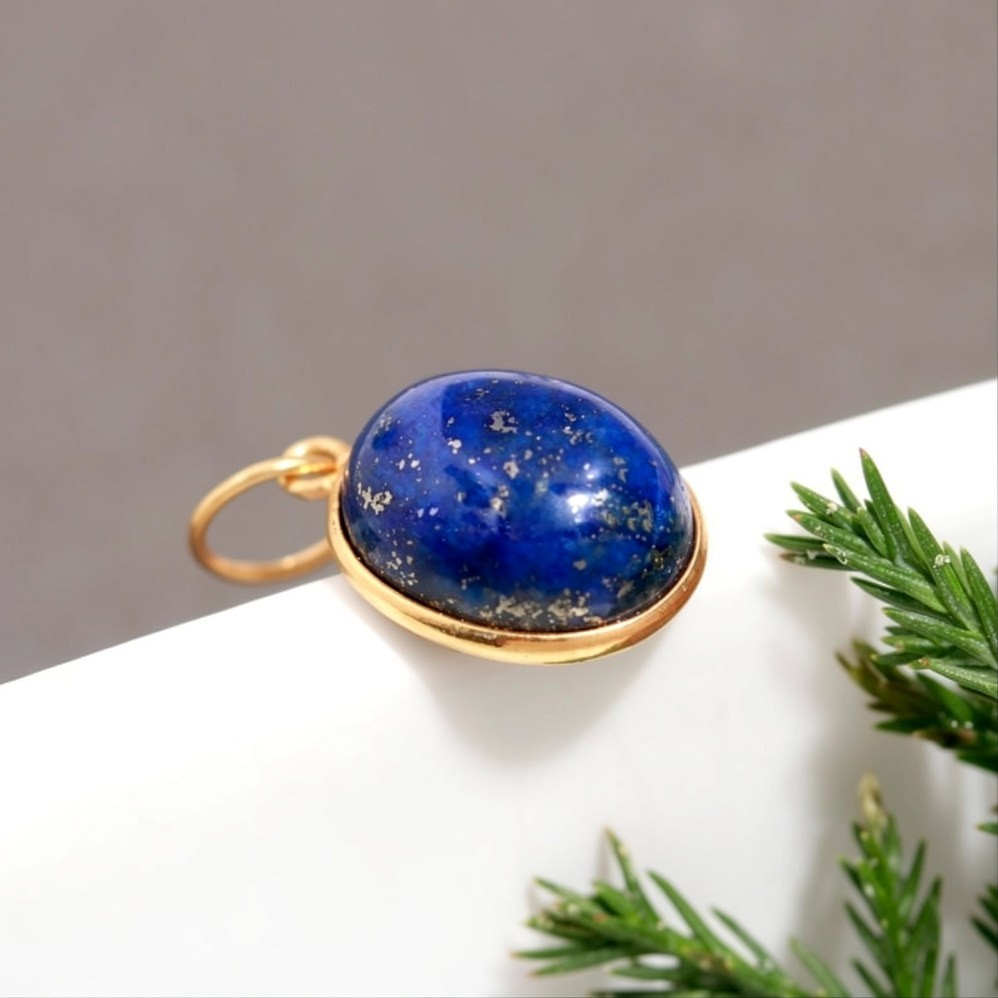 Cabochon Lapis Lazuli Gemstone 14k Yellow Gold Handmade Pendant Necklace For Her
