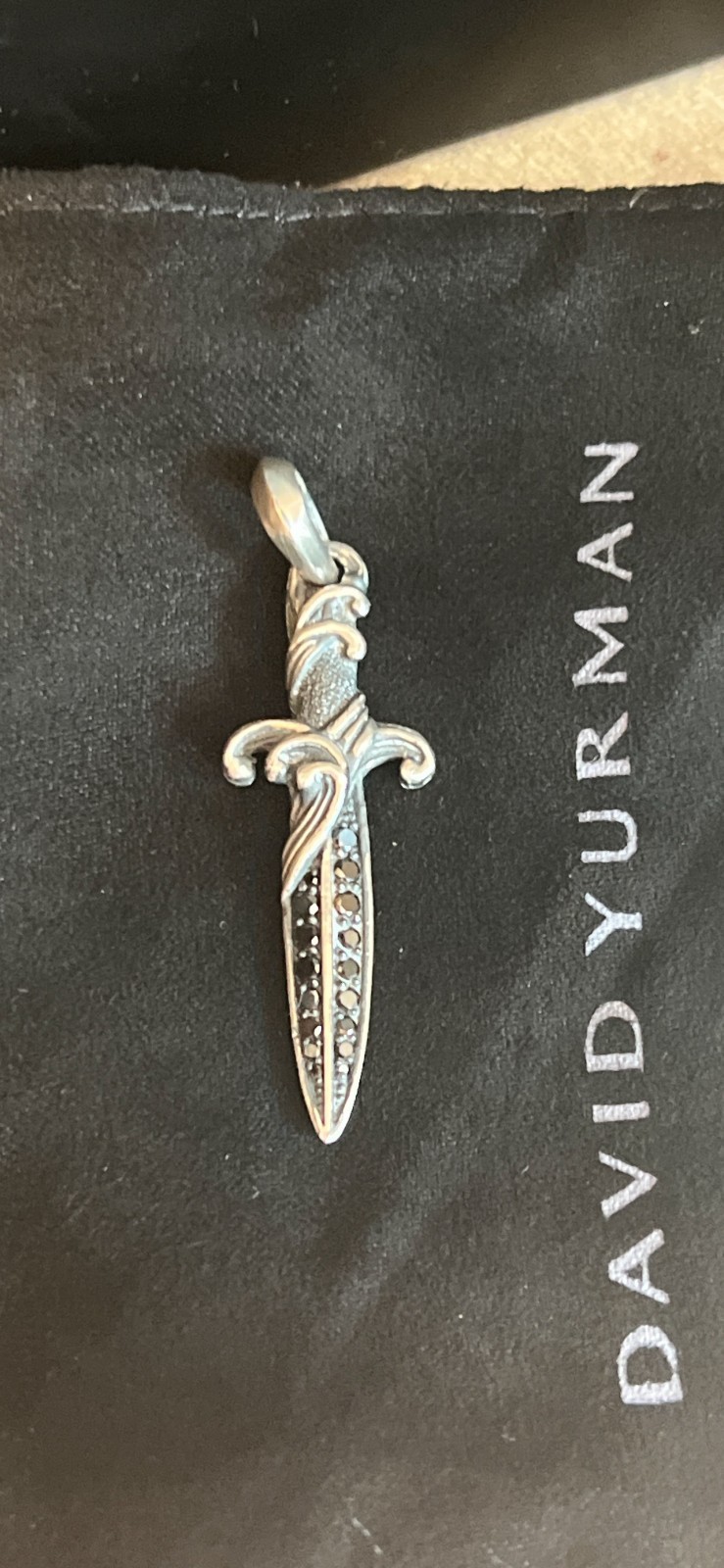 David Yurman Sterling Silver 925 Waves Dagger Amulet Pendant 2ct Black Diamonds