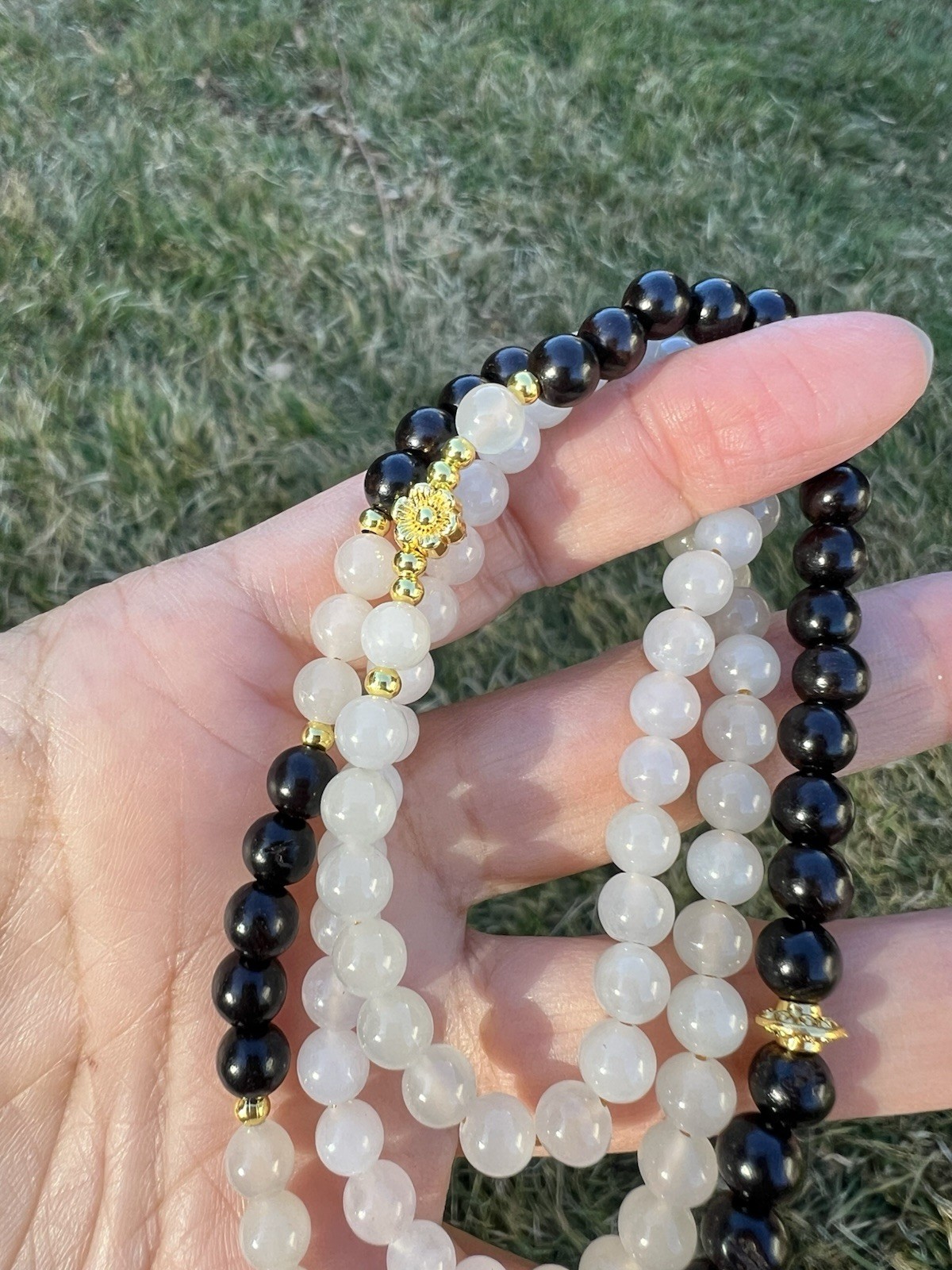 22″ Nephrite Jade+Wood+Agate 6mm Bead Necklace B608