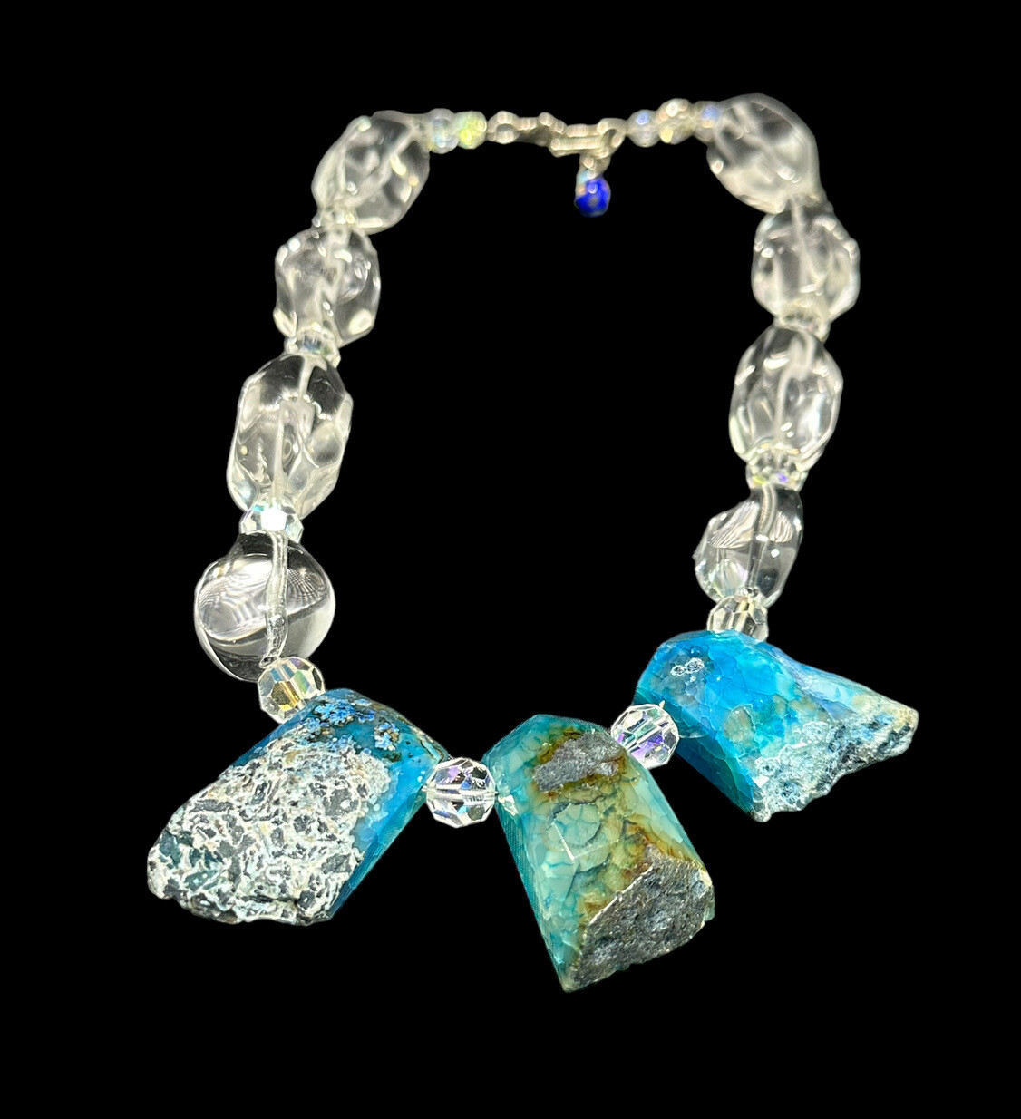 Natural Blue Larimar Necklace Clear Rock Crystal Beads 21 in Raw Gemstone