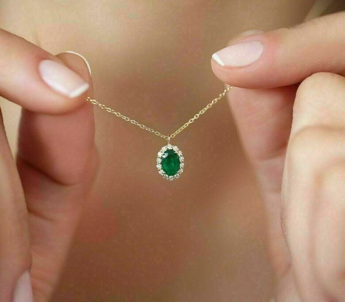 1.50Ct Green Emerald & Diamond 14K Yellow Gold Finish Halo Pendant With Chain
