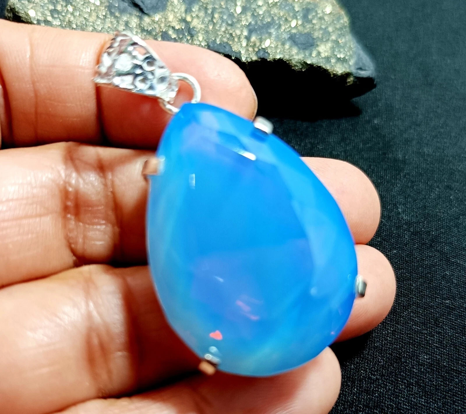 Natural Blue Opal 106 Ct Pear Cut 925 Sterling Silver Fine Jewelry Pendant