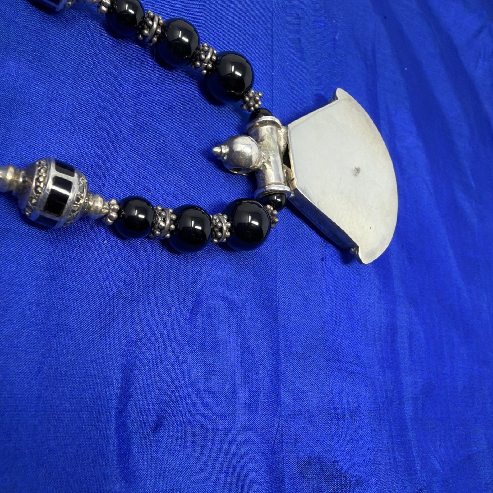 Sterling Silver 925 Black Onyx Beaded Bali Bead Necklace Large Pendant 17” 82.3g