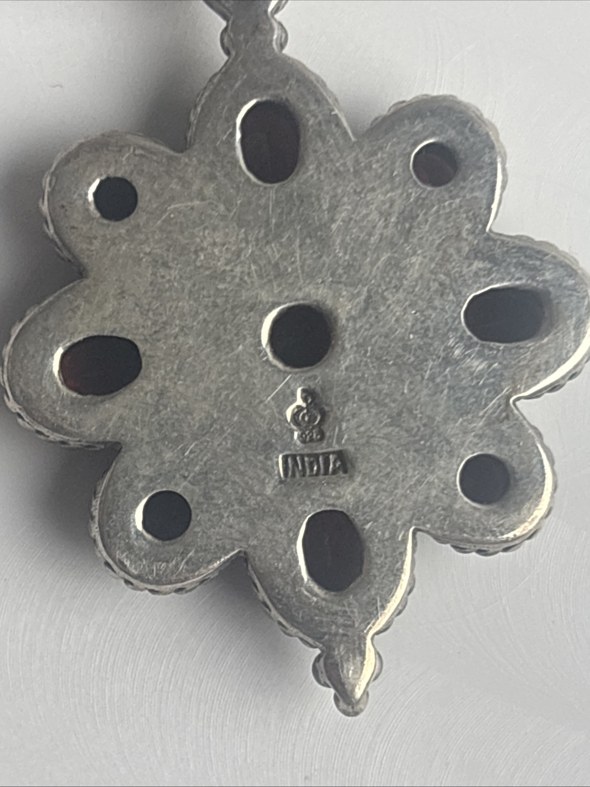 India Made Sterling Silver 925 Cluster Flower Garnet Stones Pendant 2″ Long