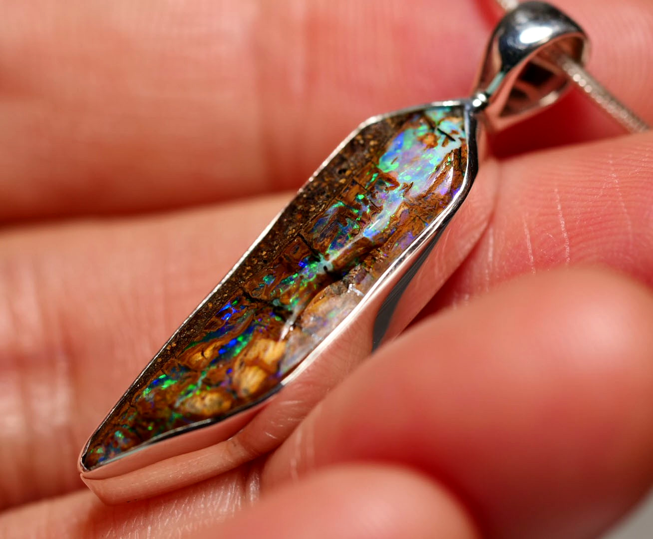 Australia Natural Queensland Solid Boulder Opal Silver 925 Pendant Hallmark
