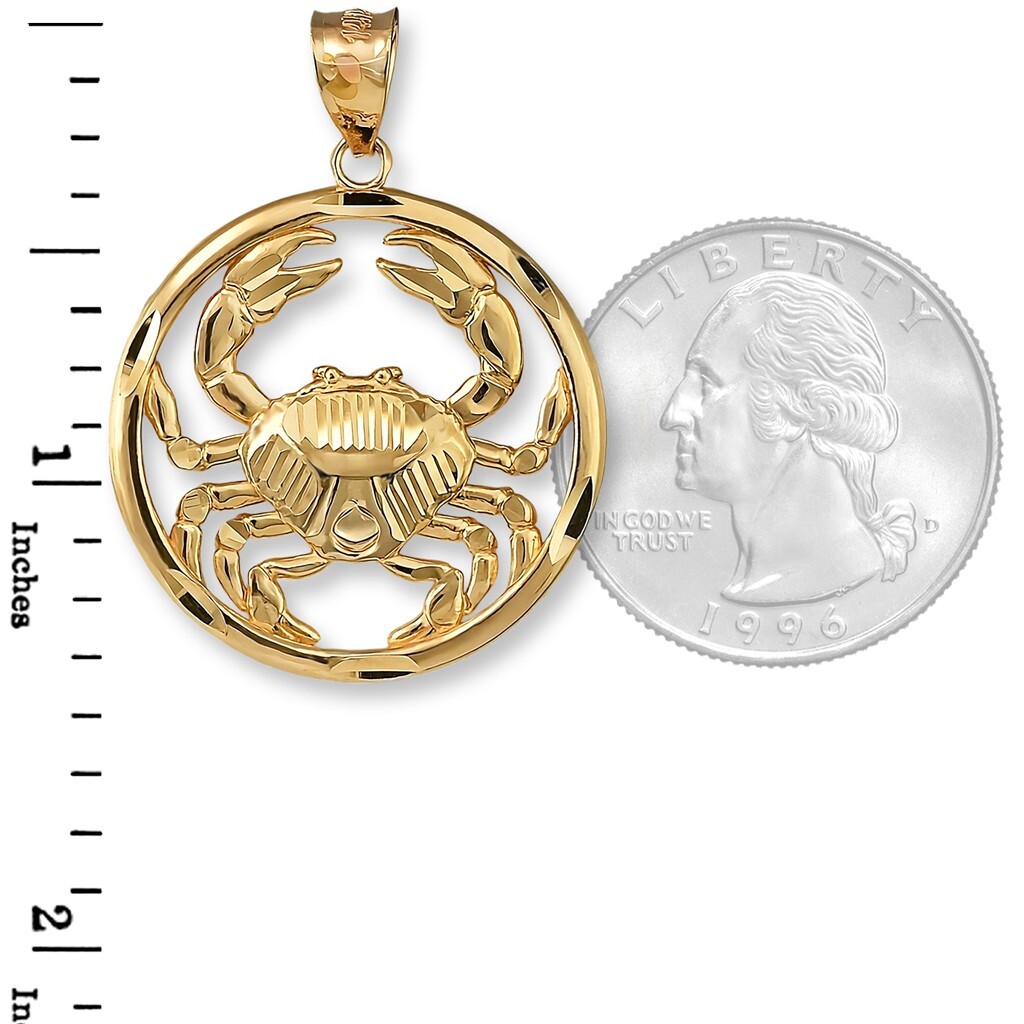 Cancer Zodiac Gold Crab Pendant – Diamond-Cut Round Necklace in 10k & 14k