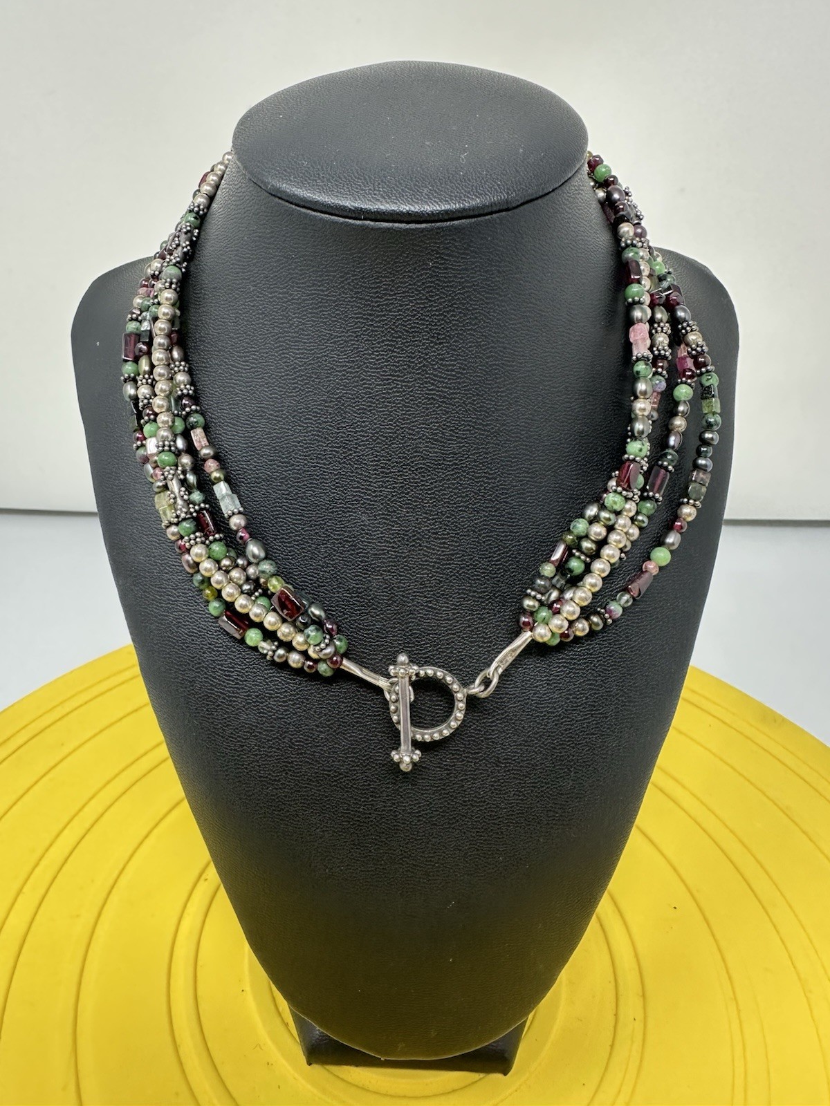 Sterling Silver Byzade Multiple Gemstone Cross Choker Necklace Elegant 87g 14in+