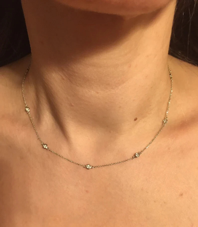 GIA Pass 0.43Ct Natural Diamond By The Yard Station Necklace 14k Yellow Gold 18″
