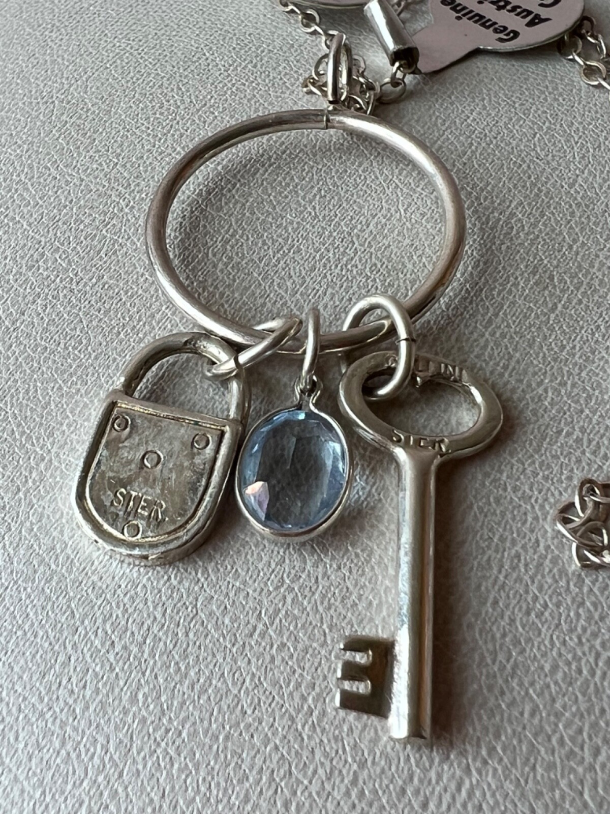 KEY, LOCK, BLUE CRYSTAL LARIAT PENDANT NECKLACE LONG CHAIN 925 STERLING SILVER