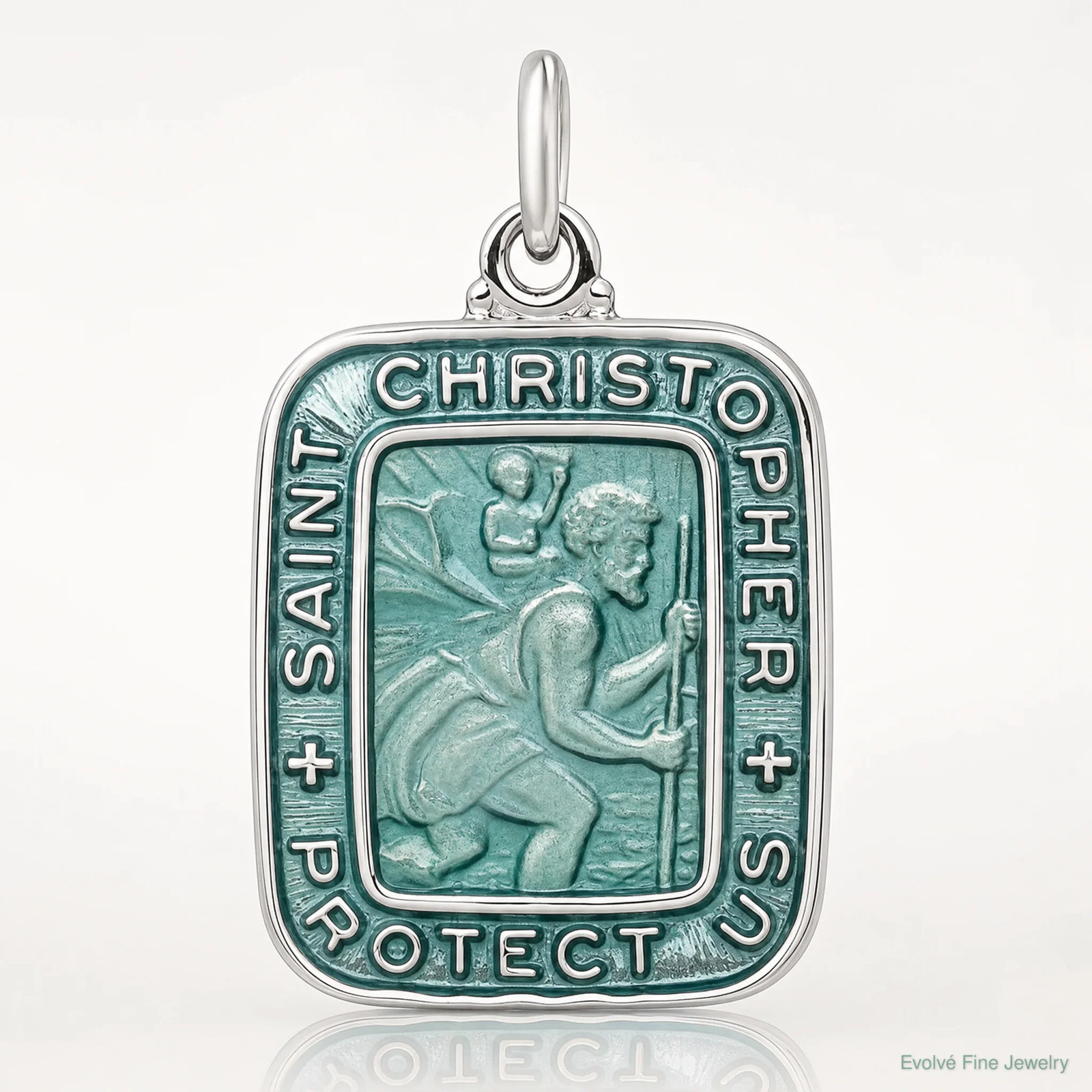 Sterling Silver Teal Enamel Square St. Christopher Medal Pendant