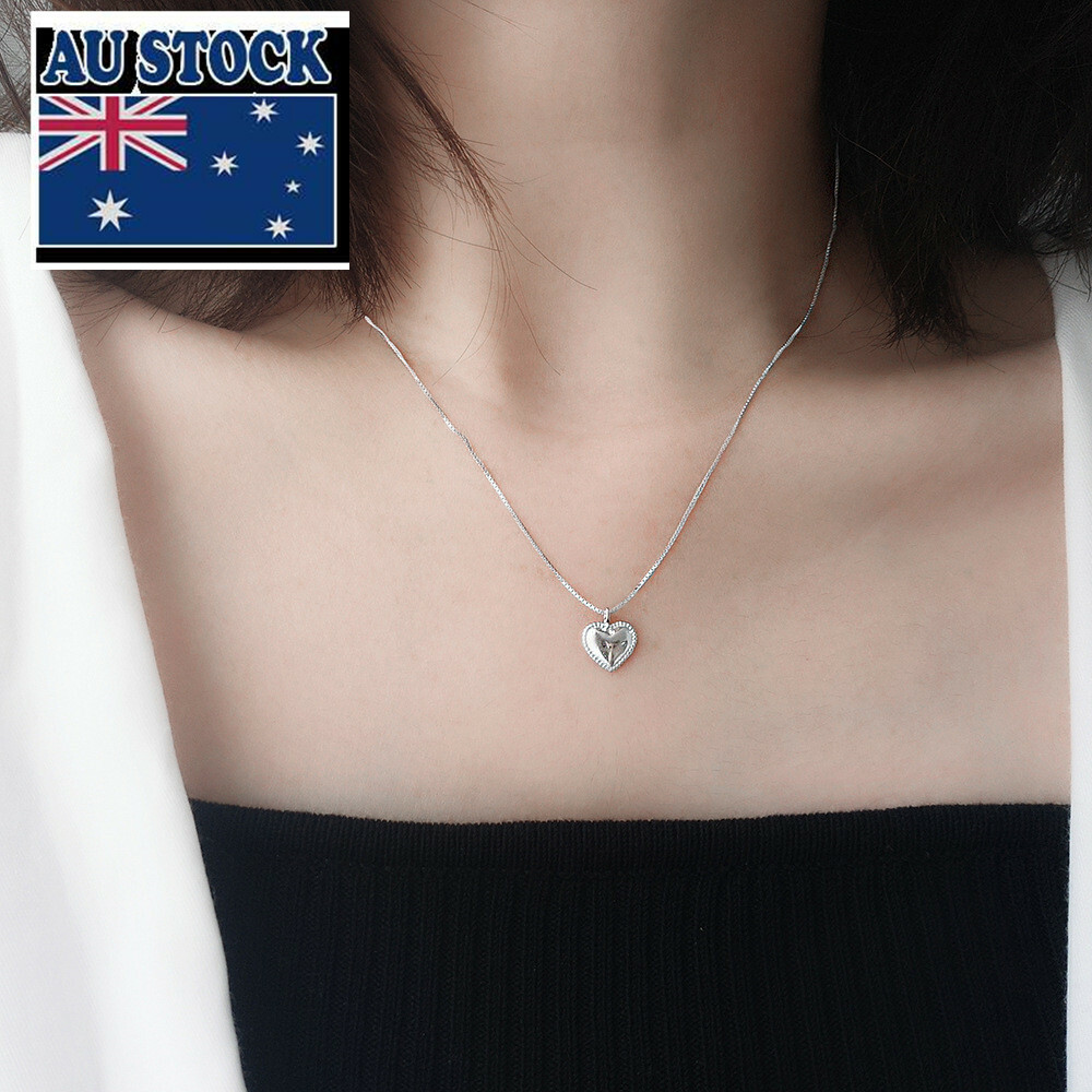 Woman Real s925 Sterling Silver Glossy Heart Pendant Classic Chain Necklace
