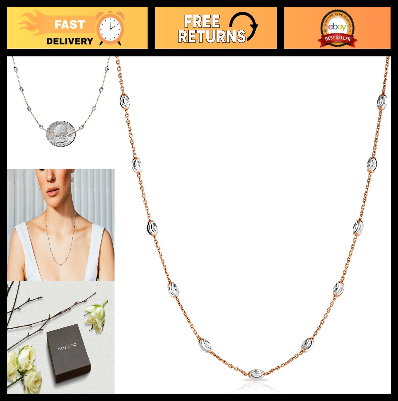 18K Gold Plated 925 Sterling Silver Moon Bead Necklace for Women – Gift Box Incl