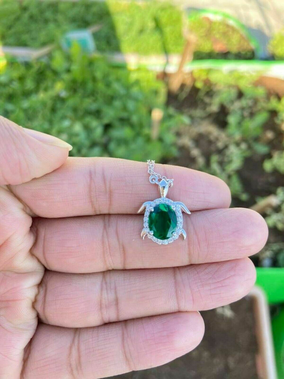 1Ct Oval Cut Lab-Created Emerald Turtle Pendant 14K White Gold Finish