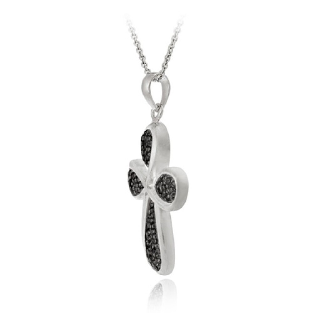 925 Silver Black Diamond Accent Ribbon Cross Necklace