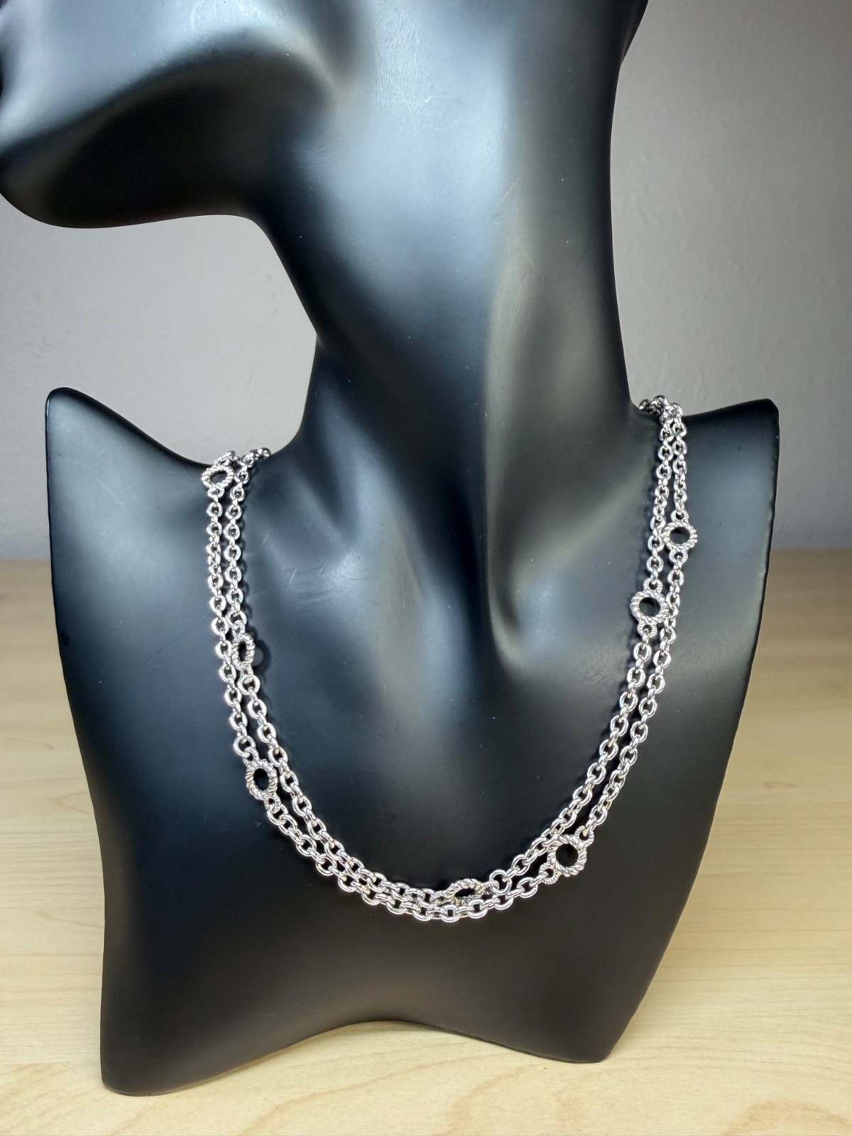 Judith Ripka Sterling Silver Oval Link Chain Round Texture Station Necklace 36in