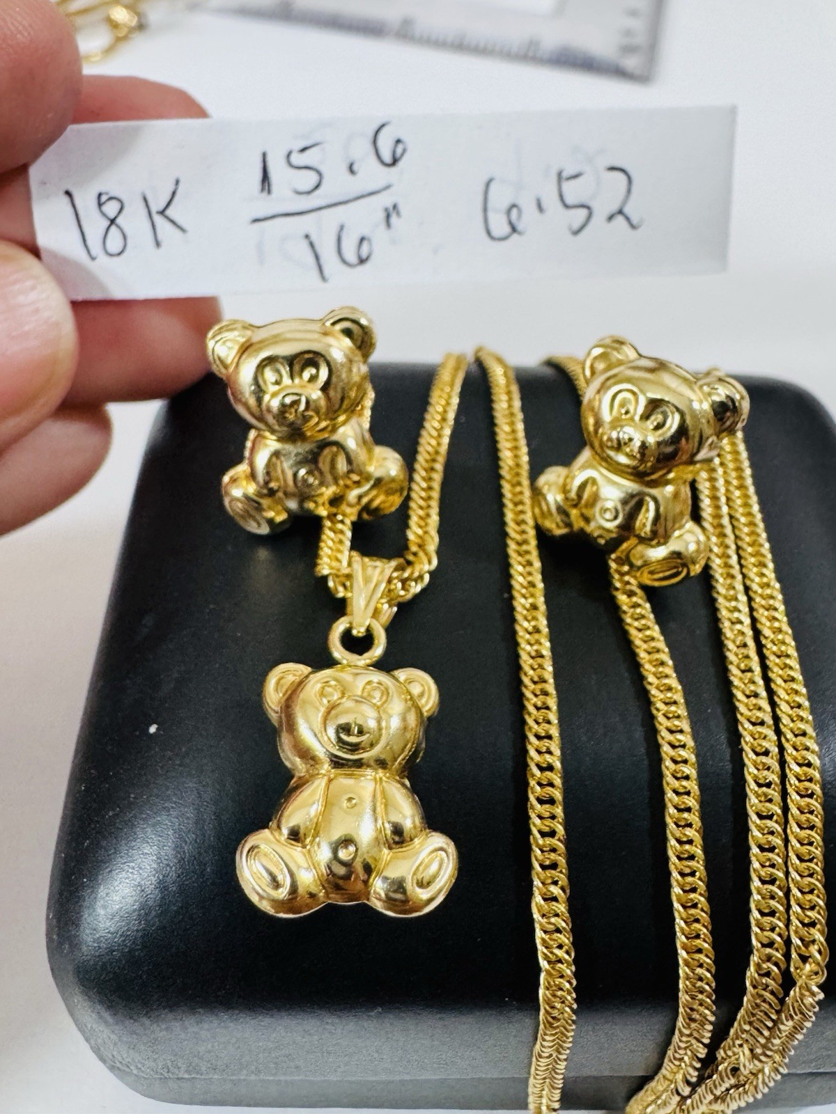 18K 750 Gold Bear Set Earring & Necklace 15.6”/16” Long 6.5g 2.2g