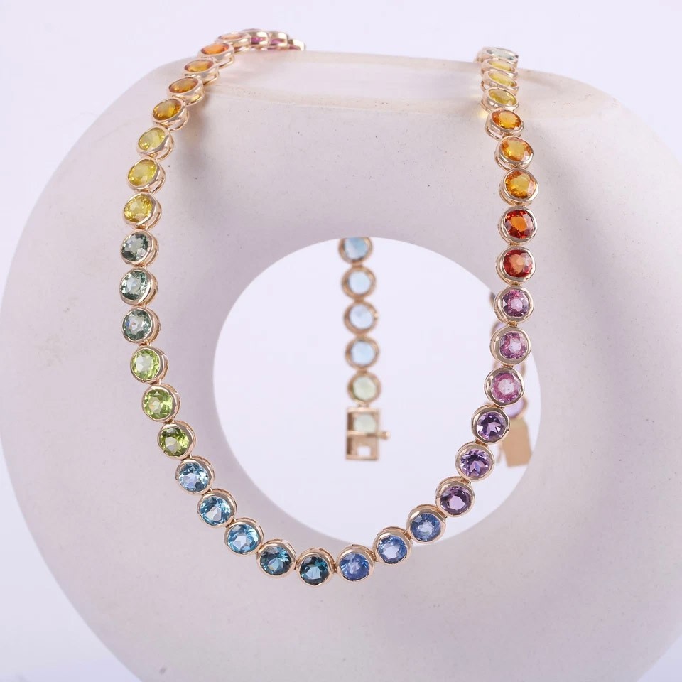 Rainbow Sapphire Tennis Necklace Solid 14kYellow Gold Layering Colorful Necklace