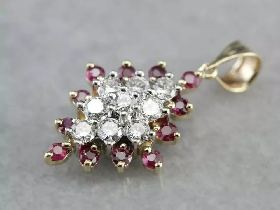 2Ct Cut Diamond & Ruby Cluster Pendant 14K Yellow Gold Finish 18″ Free Chain