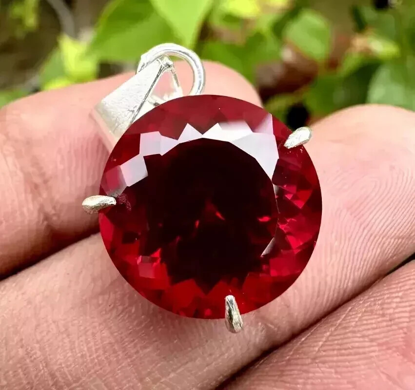 Certified Natural Red Ruby 26 CT Round Loose Gemstone 925 Solid Silver Pendant