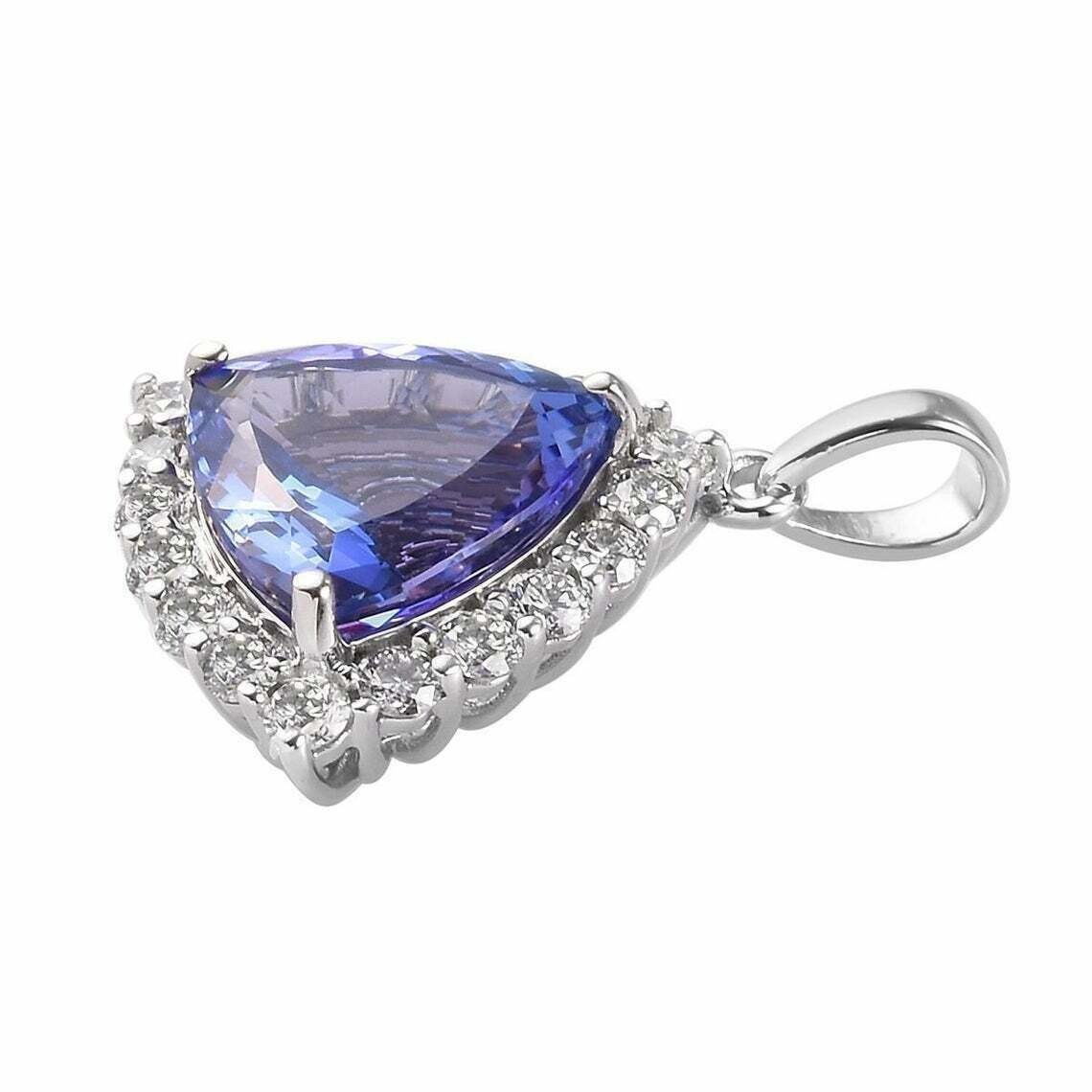 Trillion-Cut Tanzanite Halo Pendant in White Gold Finished For Women