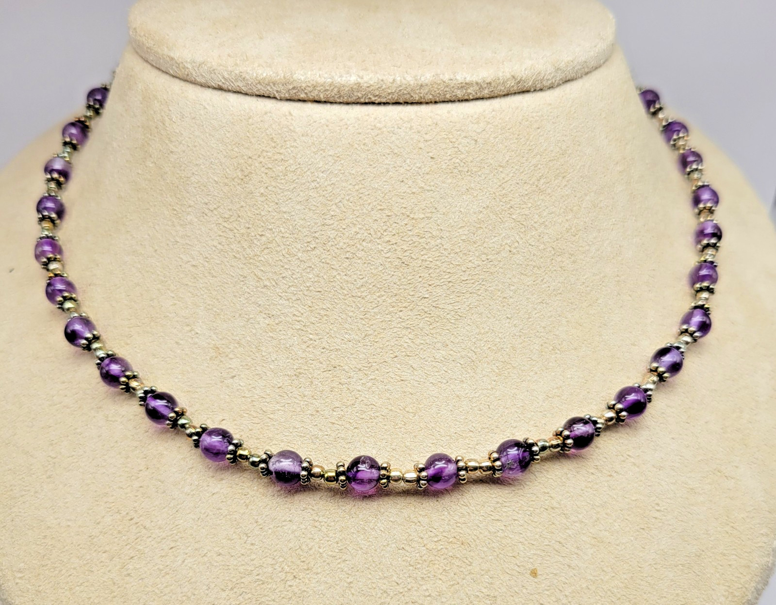 Sterling Silver 5mm Amethyst Bead Bali Station Necklace ~ 16″
