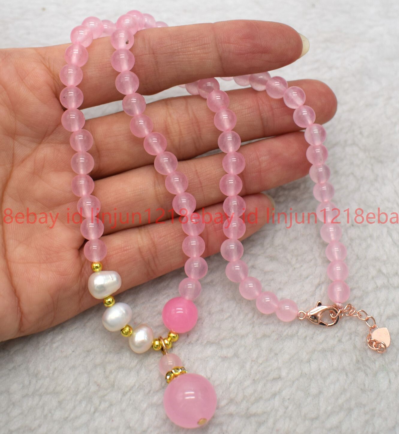 Natural 6mm Pink Jade Round Gemstone Beaded White Pearl Pendant Necklace16-32in