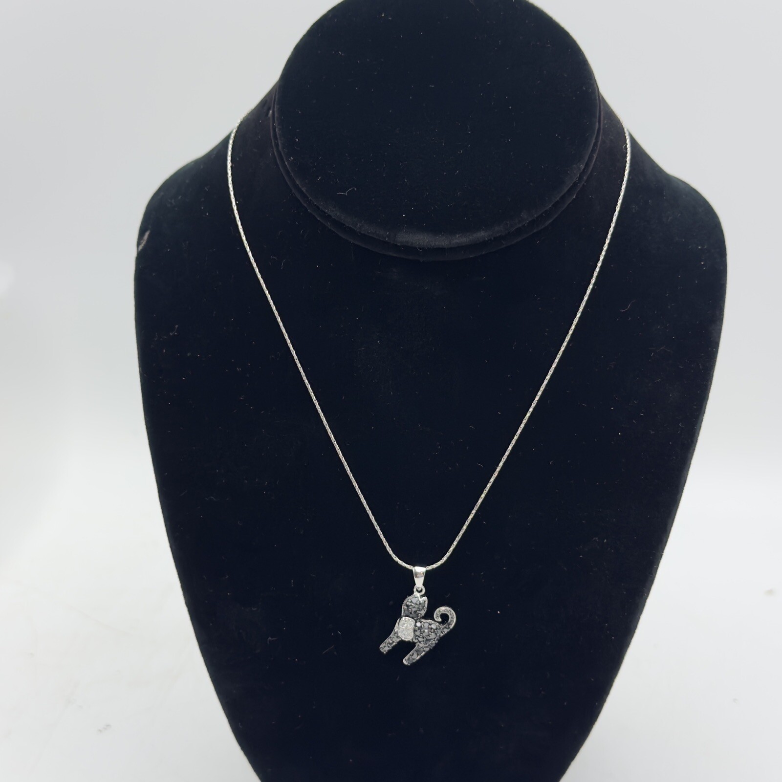 925 Sterling Silver White & Black Accent Sparkle Kitty Cat Pendant 16” Chain
