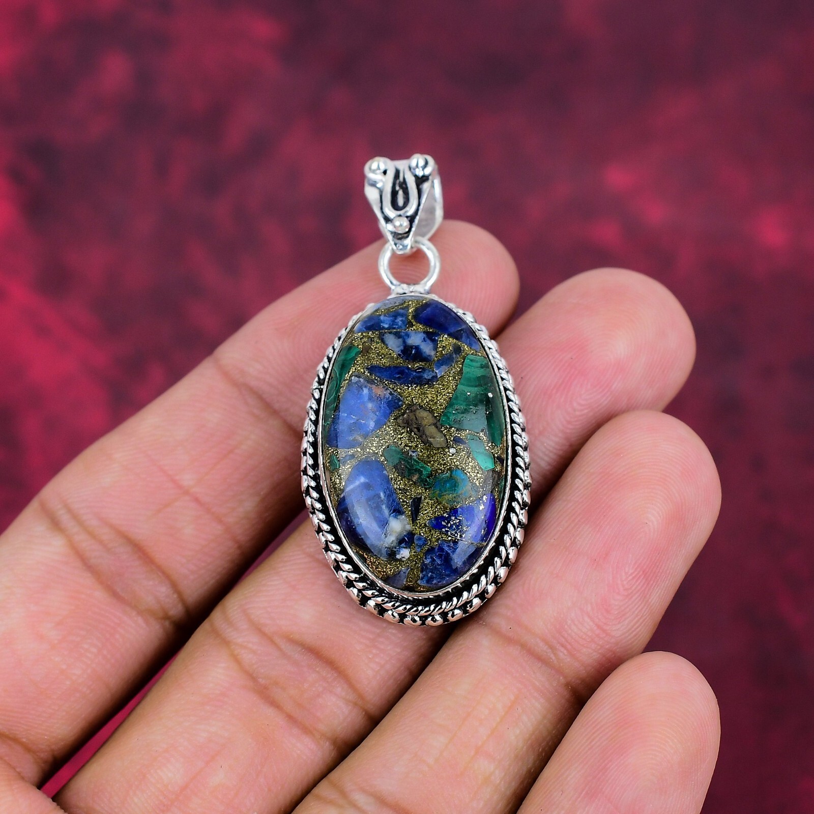 Copper Azurite Malachite Gemstone Handmade 925 Silver Jewelry Designer Pendant