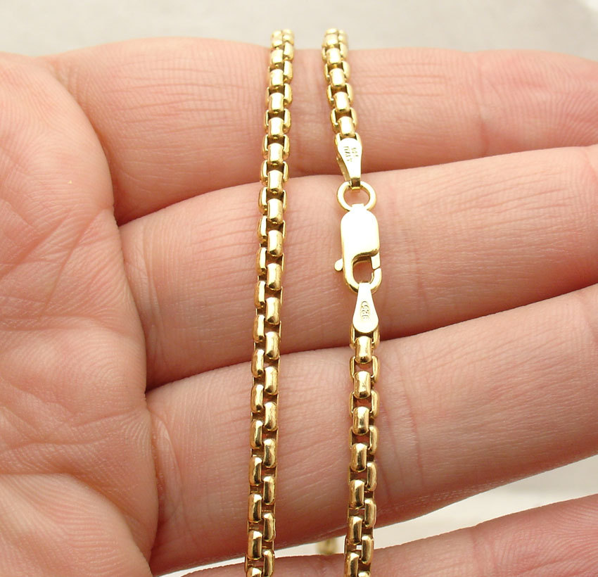 2.5mm Solid Round Box Chain Necklace 14K Yellow Gold Plated 925 Silver 16 ~ 24″