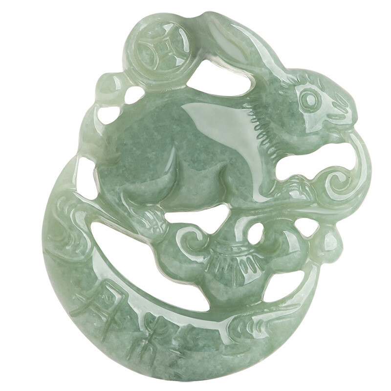 Natural Jadeite A Grade Jade Pendant Green Jadeite Lucky Zodiac Moon Rabbit