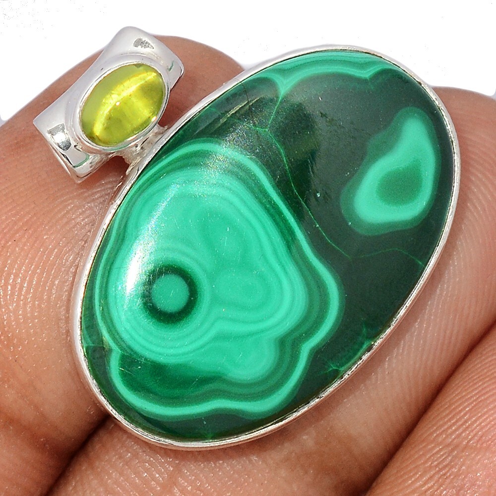 Natural Bulls Eye Malachite & Peridot 925 Silver Pendant Jewelry CP67300