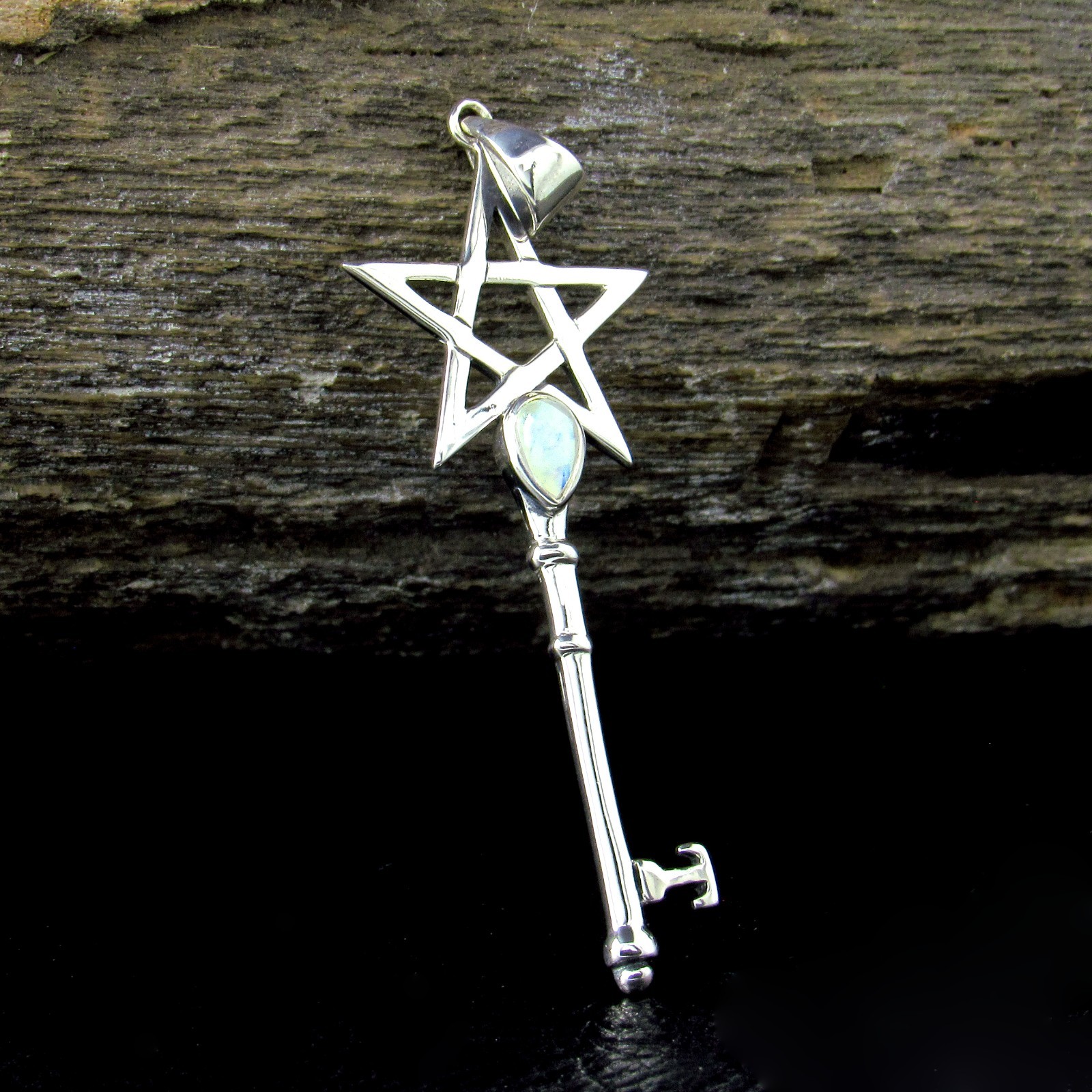 Solid 925 Sterling Silver Pentagram Key Pendant Wiccan Pagan Witchcraft Jewelry