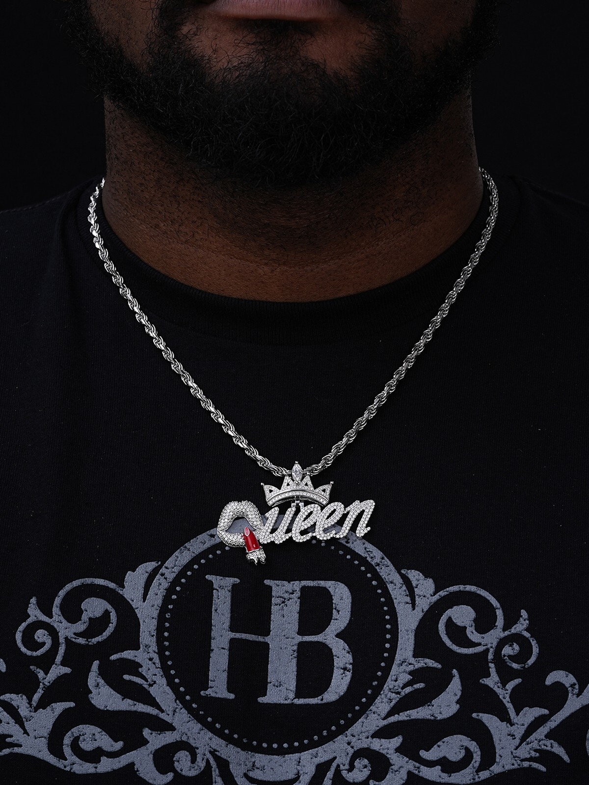 MOISSANITE 925 Silver/Gold/Rose Iced Queen W. Crown & Lipstick Pendant Necklace