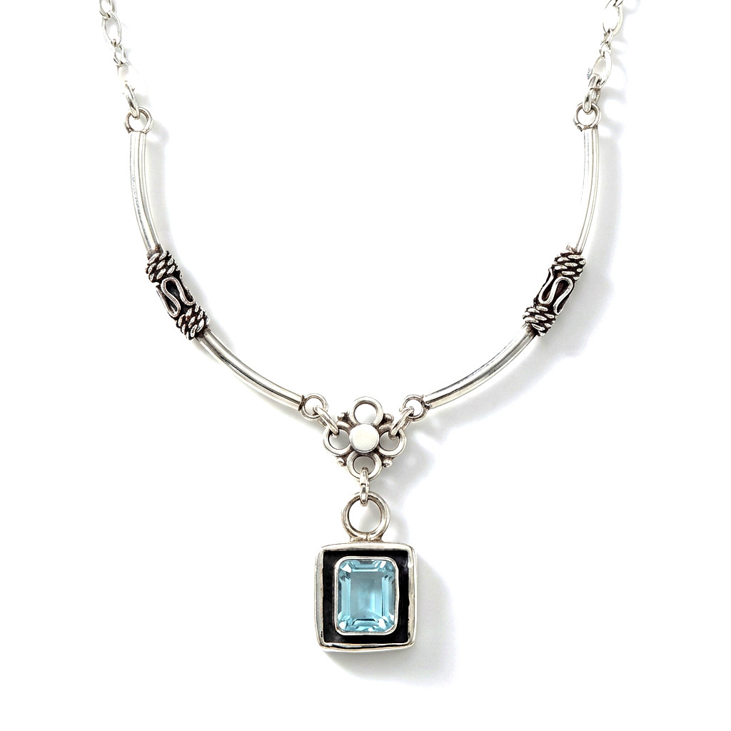 Vintage 925 Sterling Silver Natural Blue Topaz Curved Bali Modern Necklace