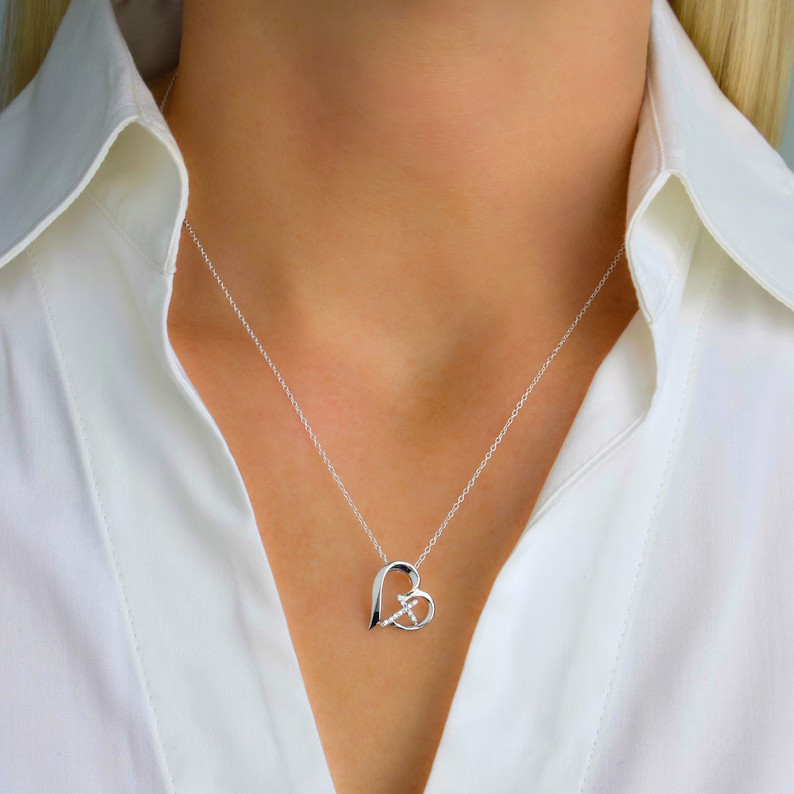 925 Silver 1.00 Ct Lab Created Diamond Cross and Heart Necklace White Gold Over