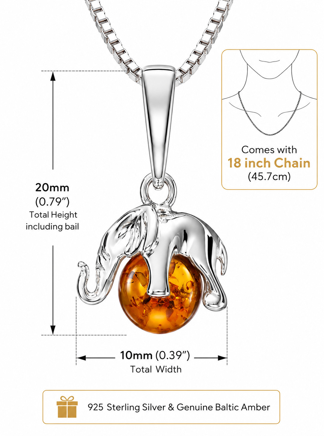 Genuine Baltic Amber Elephant Pendant Necklace Sterling Silver 18″ Box Chain