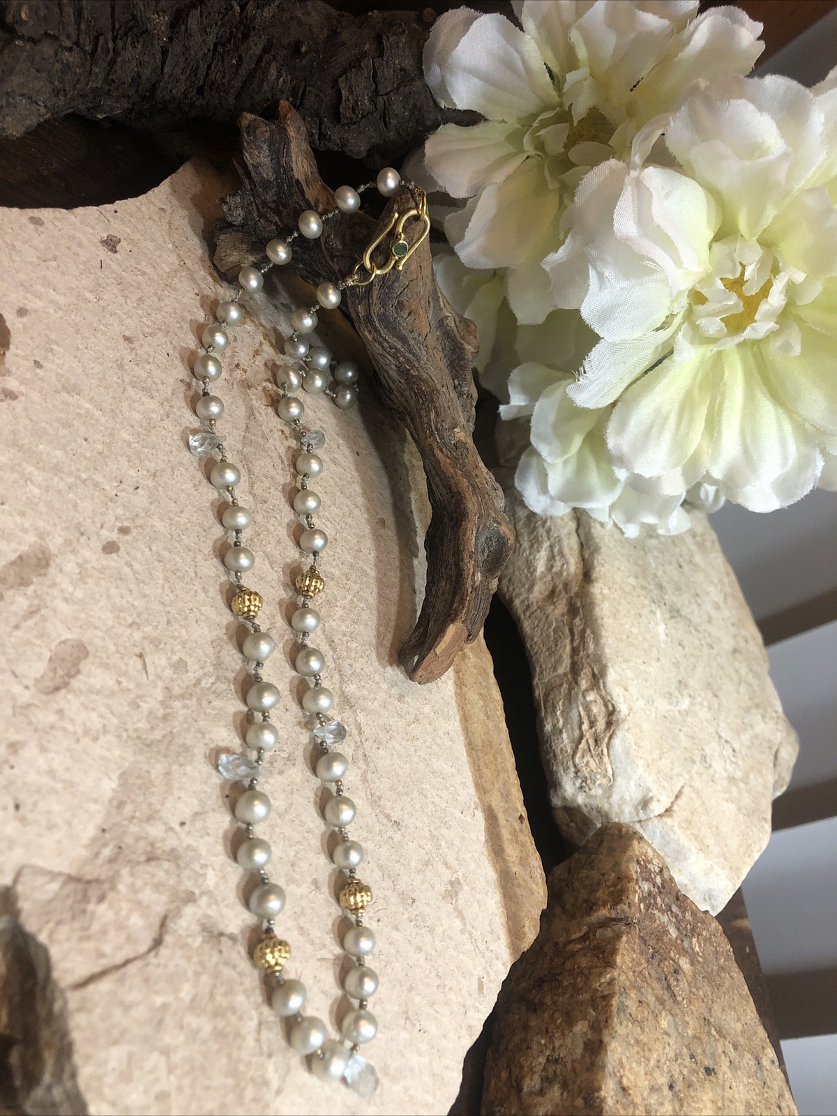 18K gold S hook clasp White pearl 6mm Quartz Drop Beaded Knotted 16″ Necklace