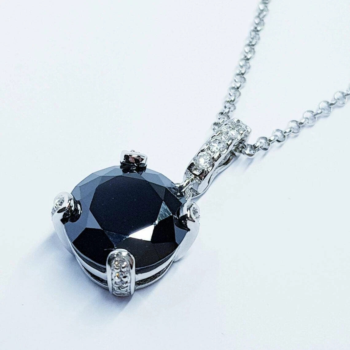 2Ct Round Cut Black Diamond Solitaire Pendant Free Chain 14K White Gold Finish