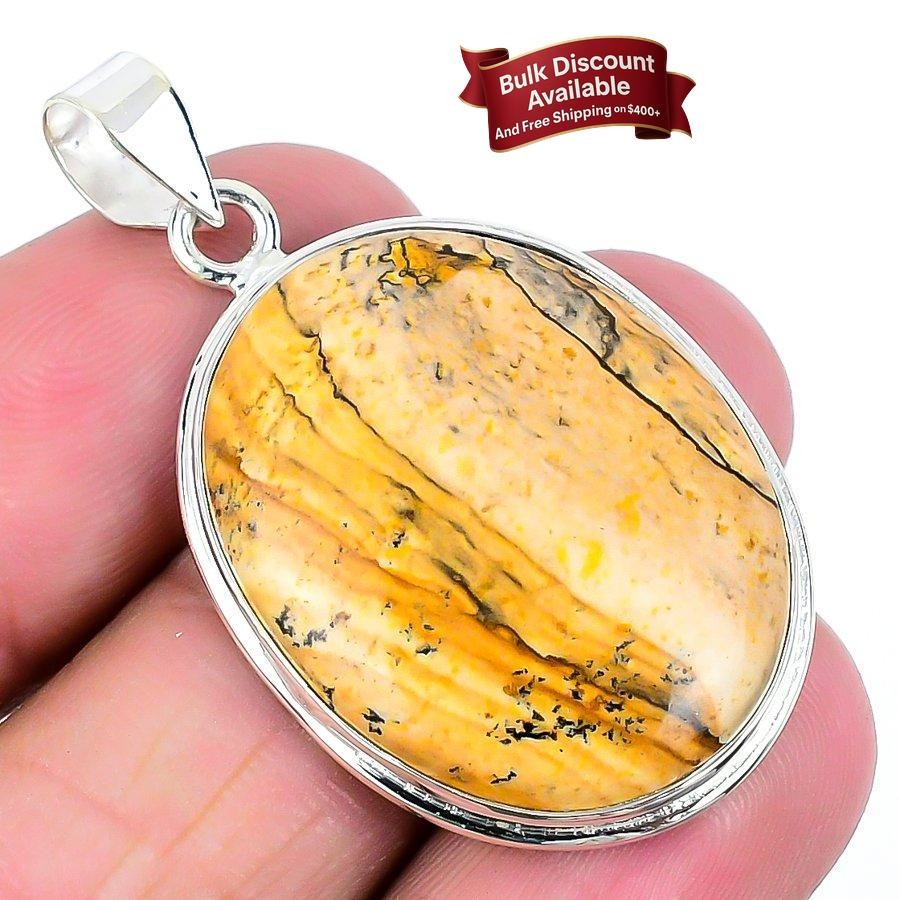Natural Picture Jasper Solid Silver Ethnic Trendy Art Deco Birthday Boho Pendant