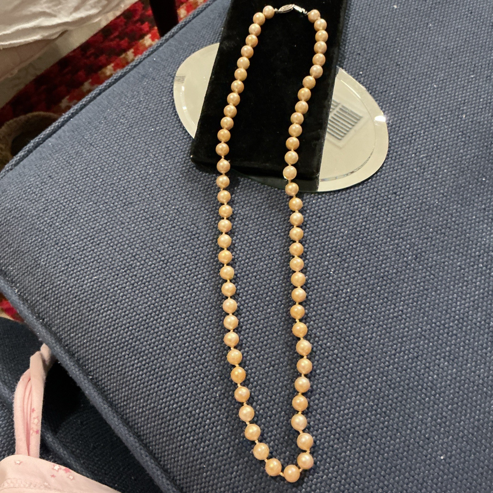 1950’s 7mm Genuine Champagne Pearl Necklace Sterling Clasp Hand Knotted 21”