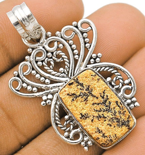 Filigree Natural Psilomelane Dendrite German 925 Sterling Silver Pendant